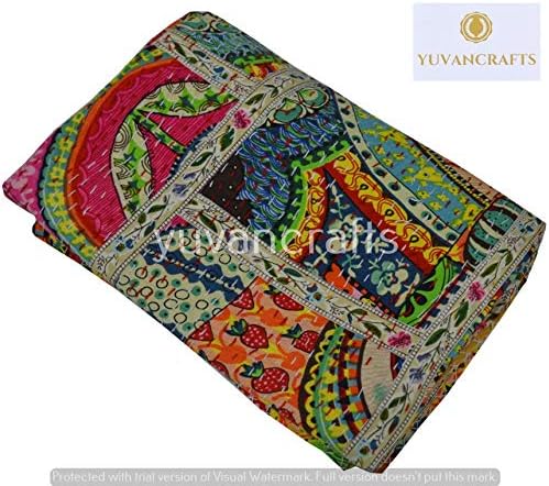 YUVANCRAFTS Patchwork Cotton Kantha Quilt - Indian Traditional Handmade Bedding Vintage Multi Color Quilt Blanket (Queen (90"x108"), Multi Patch 1)