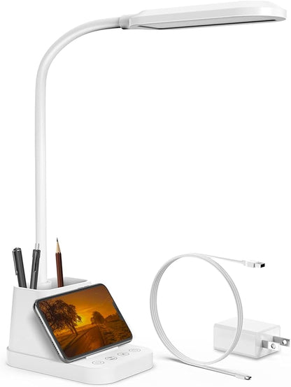 AXX White Desk Lamp, Gooseneck LED Desk Lamp for Kids - Desk Lights for Home Office - USB Charging Port, 650LM, Modern, Pen Holder - Reading Lamp for Bedroom Study Lamp for College Dorm Room