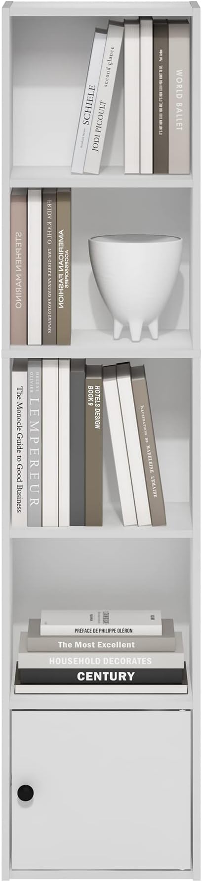 Furinno Luder Shelf Bookcase with 1 Door Storage Cabinet, White, 5-Cube with Cabinet