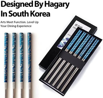Hagary Blue Wave Chopsticks 5 Pairs Metal Chopsticks Reusable Designed In Korea Japanese Style Stainless Steel 316 18/10 Non-Slip Dishwasher Safe Laser Engraved