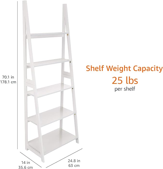Amazon Basics Modern 5-Tier Ladder Bookshelf Organizer, Solid Rubberwood Frame, White, 14 D x 24.8 W x 70.1 H in