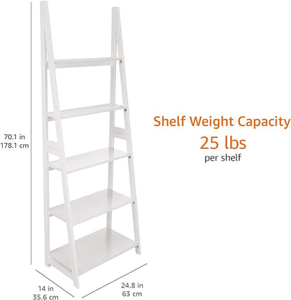 Amazon Basics Modern 5-Tier Ladder Bookshelf Organizer, Solid Rubberwood Frame, White, 14 D x 24.8 W x 70.1 H in