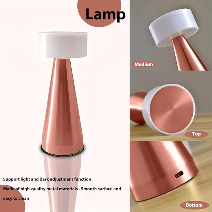 Portable Metal LED Table Lamp, Cordless Metal Desk Lamp, Touch Control Rechargeable Lamp,3-Levels Brightness Room Decor Desk Lamp,Bedside Lamp,Dining Room Lamp (Rose Gold)