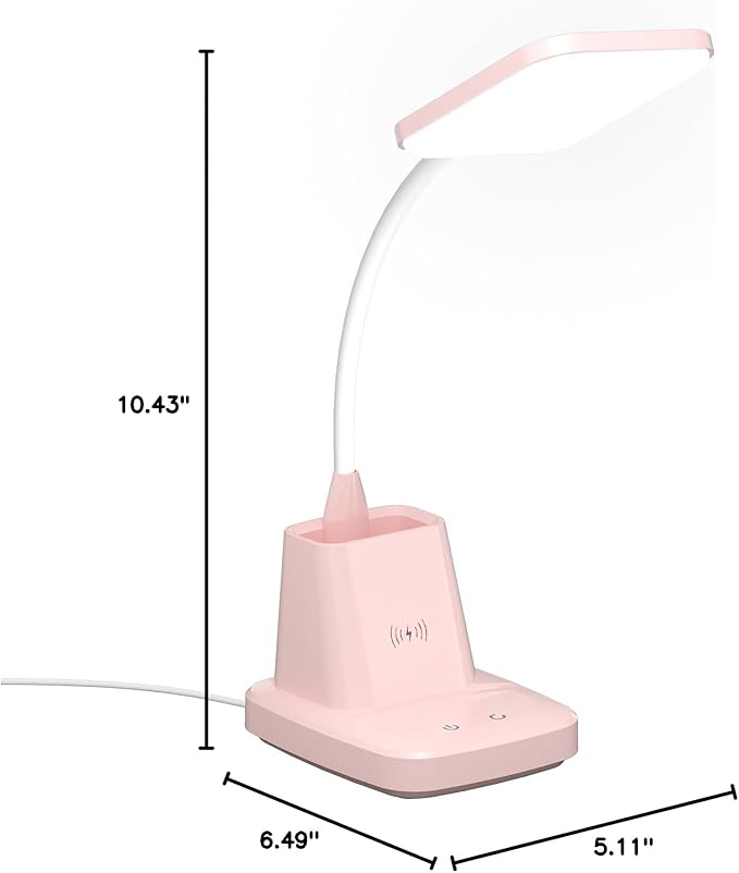 Sailstar Cute Desk Lamp, Pink Small Desk Lamp with Pen Holder, Wireless Charger LED Desk Lamps for Home Office, Kids Desk Lamp 800LM Gooseneck 3 Modes Dimmable Touch, Study Lamp for College Dorm Room
