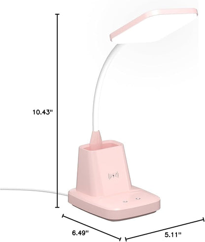 Sailstar Cute Desk Lamp, Pink Small Desk Lamp with Pen Holder, Wireless Charger LED Desk Lamps for Home Office, Kids Desk Lamp 800LM Gooseneck 3 Modes Dimmable Touch, Study Lamp for College Dorm Room