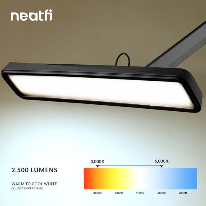 Neatfi (New Model) XL 2,500 Lumens LED Task Lamp with Clamp, 3 Light Modes, 3000-6000K Correlated Color Temperature, 30W Super Bright Desk Lamp, Dimmable, 162 Pcs SMD LED (CCT, Black)
