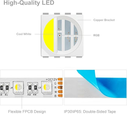 BTF-LIGHTING 5050 RGBW RGB+Cool White(6000K-7000K) 4 Colors in 1 LED Tape Light DC12V 5m 16.4ft 60LED/m Multi-Colored IP30 White 12mm PCB for Bedroom Kitchen Home Decoration(No Adapter or Controller)