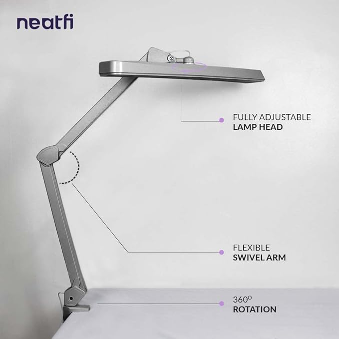 Neatfi XL 2,500 Lumens LED Task Lamp, 30W Super Bright Desk Lamp with Clamp, 162 Pcs SMD LED, Eye-Caring LED Lamp (Non-CCT, Silver)