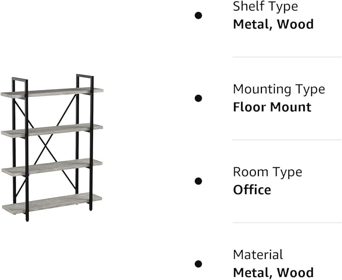 45MinST 4-Tier Vintage Industrial Style Bookcase/Metal and Wood Bookshelf Furniture for Collection, Gray Oak, 3/4/5 Tier (4-Tier)