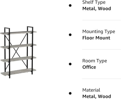 45MinST 4-Tier Vintage Industrial Style Bookcase/Metal and Wood Bookshelf Furniture for Collection, Gray Oak, 3/4/5 Tier (4-Tier)