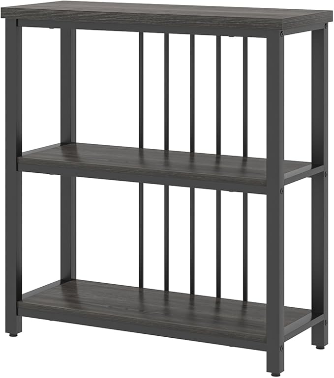 FOLUBAN 3 Tier Book Shelf, Modern Short Bookshelf for Small Space, Industrial Wood and Metal Bookcase for Bedroom, Living Room, Office (Dark Gray Oak)