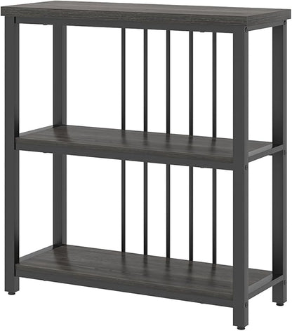 FOLUBAN 3 Tier Book Shelf, Modern Short Bookshelf for Small Space, Industrial Wood and Metal Bookcase for Bedroom, Living Room, Office (Dark Gray Oak)