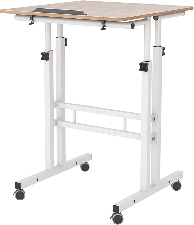 DlandHome Mobile Standing Desk Stand Up Desk Rolling Desk, Stand Sit Desk Mobile Computer Desk Adjustable Standing Desk 23.6inches Table Workstation Mobile Desk Cart Tray Oak