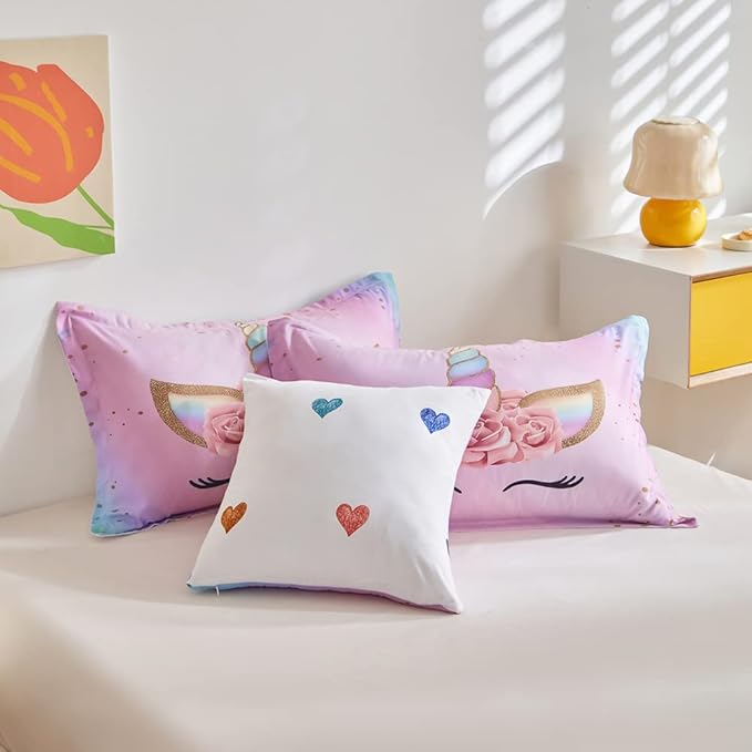 ADASMILE A & S Full Unicorn Comforter Sets for Girls 6 Pieces Pink Floral Unicorn Bedding Set with Colorful Cute Love Heart Sheets Full for Girls Unicorn Bed in a Bag Comforter for Home Decor