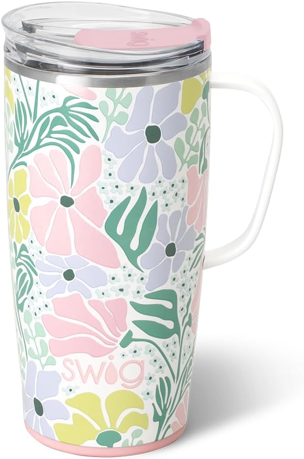Swig Life 22oz Insulated Travel Mug with Handle & Lid, Garden Party | Triple Insulated Stainless Steel - Handle & Lid Included - Keeps Coffee Hot or Cold - Cup Holder Friendly