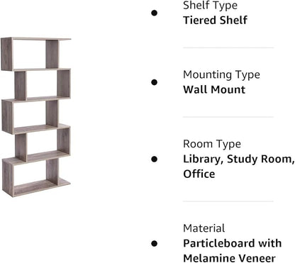 VASAGLE Wooden Bookcase, Display Shelf and Room Divider, Freestanding Decorative Storage Shelving, 5-Tier Bookshelf, Greige ULBC062M01 9.4D x 27.6W x 62.6H in