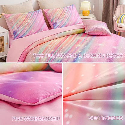Btargot 6 Pieces Pink Gradient Star Ring Comforter Set for Boys Girls Teens, Twin Size Colorful Glitter Rainbow Star Galaxy Bedding Set