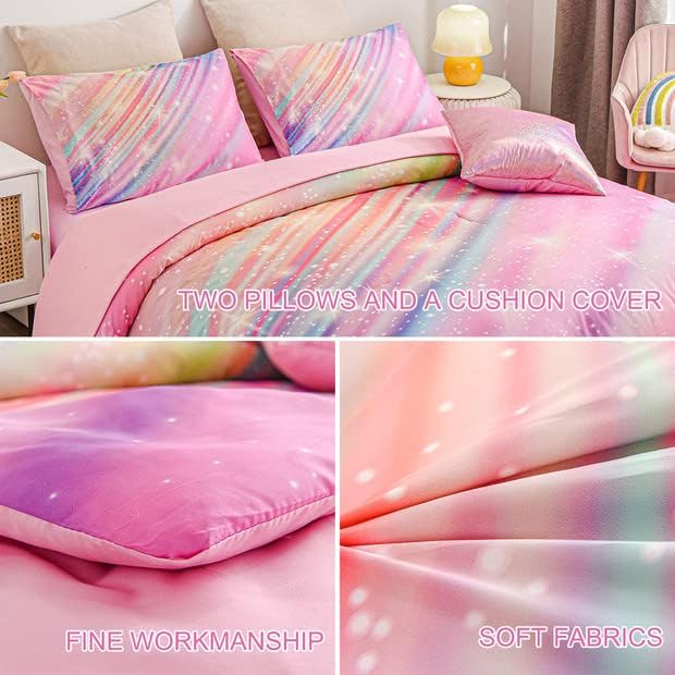 Btargot Super Soft 6 Pieces Gradient Star Ring Comforter Set, Colorful Glitter Rainbow Star Pattern Bedding Set for Boys Girls Teens,Queen Pink