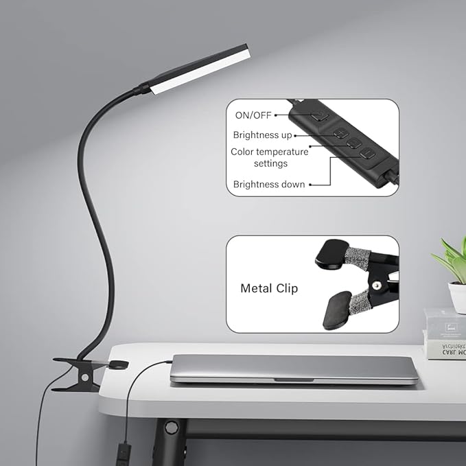 LED Desk Lamp with Clamp for Home Office, Dimmable Clip on Desk Light with USB Port, 3 Color Modes 11 Brightness Flexible Gooseneck Reading Lamp for Studying Working, Black