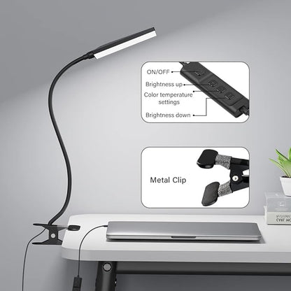 LED Desk Lamp with Clamp for Home Office, Dimmable Clip on Desk Light with USB Port, 3 Color Modes 11 Brightness Flexible Gooseneck Reading Lamp for Studying Working, Black