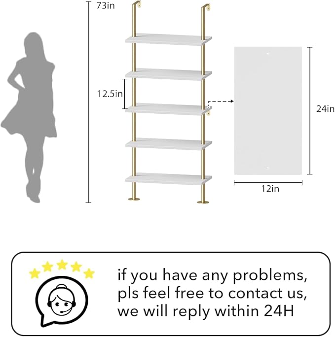 Ladder Shelf Bookcase 5 Tier, Extra Sturdy Modern Bookshelf Wall Mounted, Tall Standing Open Shelf White and Gold, Industrial Metal Frame with Wooden Shelf