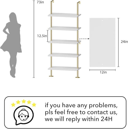 Ladder Shelf Bookcase 5 Tier, Extra Sturdy Modern Bookshelf Wall Mounted, Tall Standing Open Shelf White and Gold, Industrial Metal Frame with Wooden Shelf