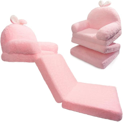 Kids Couch Fold Out Soft Toddler Chairs,Toddler Armrest Chair Bed for Play,Gift for 0-3 Years,Pink Bunny