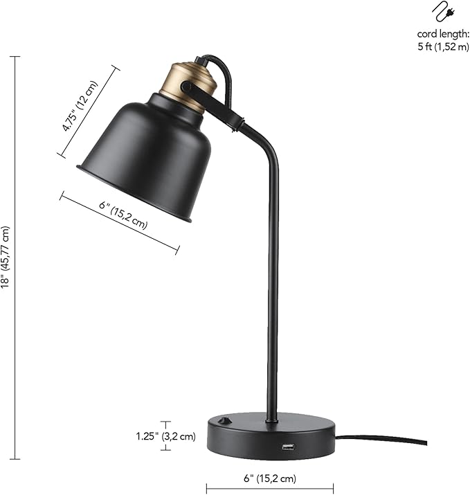 Globe Electric 30297 18" Desk Lamp with 2.1 USB Port, Matte Black, Brass Accents, Push Button On/Off Switch, Home Décor, Desk Lamps for Home Office, Home Office Accessories, Home Improvement