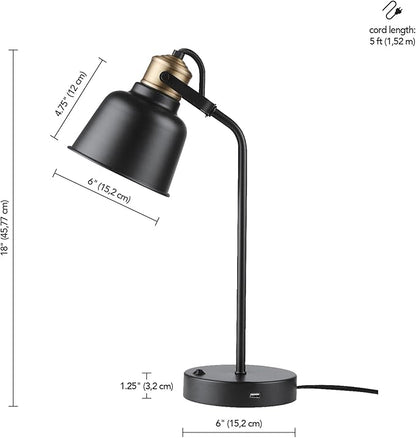 Globe Electric 30297 18" Desk Lamp with 2.1 USB Port, Matte Black, Brass Accents, Push Button On/Off Switch, Home Décor, Desk Lamps for Home Office, Home Office Accessories, Home Improvement