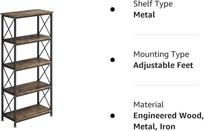 4NM Bookshelf 5 Tier Industrial Bookcase Home Office Adjustable Bookshelves Storage Shelves Organizer Vintage Book Shelf Display Rack for Living Room, Bedroom,Home (Rustic Brown and Black)