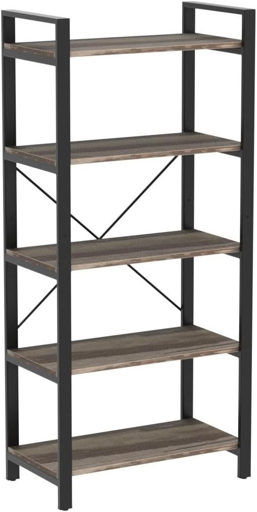 IRONCK Bookshelf 5-Tier Ladder Shelf 110lbs/shelf Vintage Industrial Style Bookcase for Home Decor, Office Decor