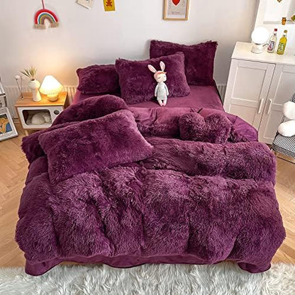 Faux Fur Kids Girls Grape Purple Comforter Sets Queen - 3PC Bed Set Warm Comfortable Soft Plush Flannel Velvet Fluffy Fuzzy Bedding（Comforter x 1 Pillowcases x 2）