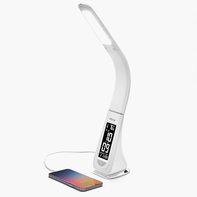 iHome Desk Lamp for Bedroom, Reading Light with Alarm Clock and USB Charging – White (IL100W)