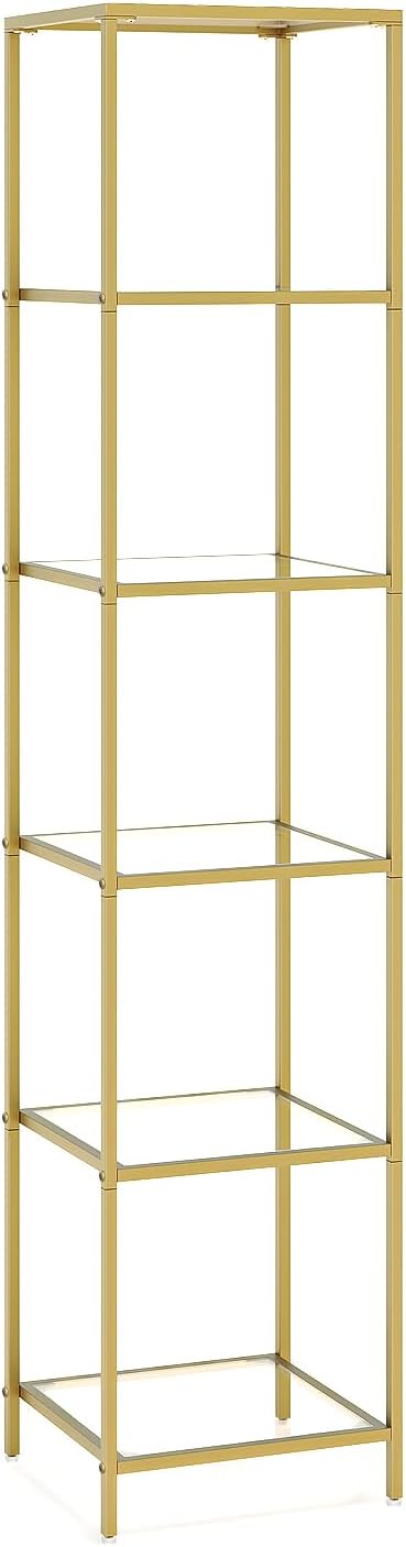 6-Tier Bookshelf,Metal Bookcase,Tempered Glass Shelves,Storage Rack Shelf for Home Office,Living Room,Bedroom, Bathroom,Modern Style,Golden