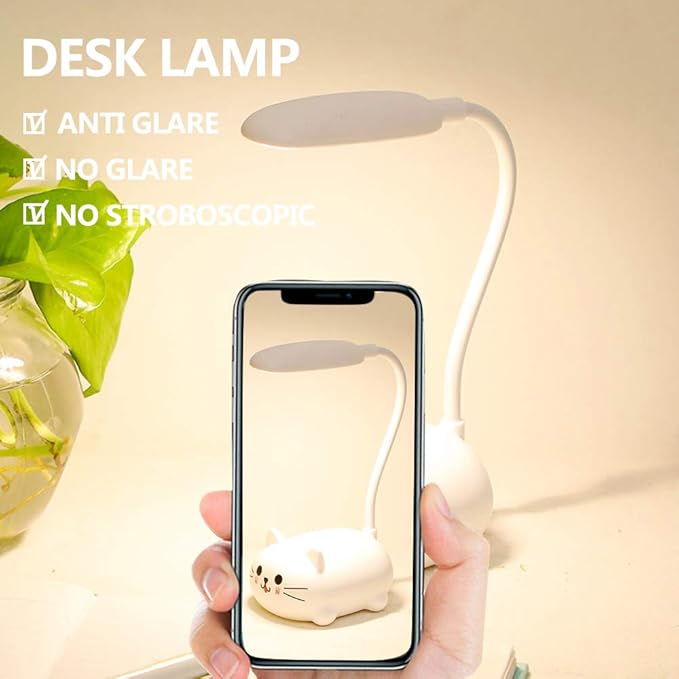 Kids Lamp, LED Desk Lamp for Kids, Cute Cat Lamp Kawaii Desk Accessories, Flexible Gooseneck Eye-Care Cartoons Small Desk Lamp Girls Gifts (White)