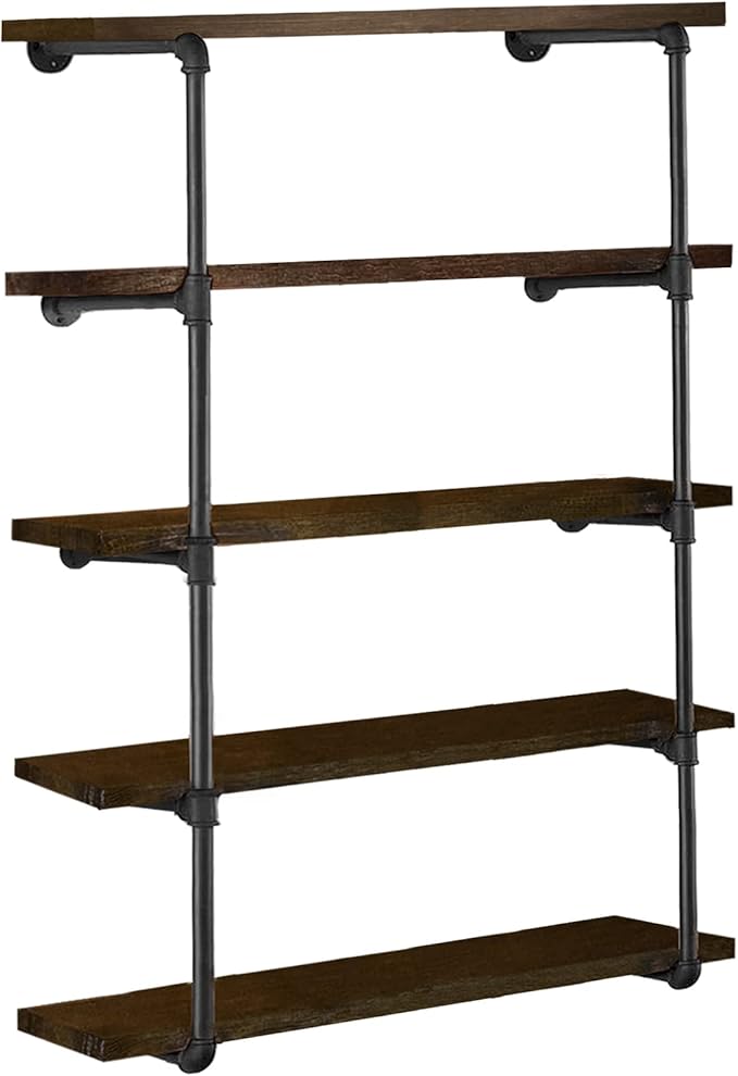 HITOMEN Industrial Iron Pipe Shelves, 2 Set 5-Tier, 56" Tall, 12" Depth, DIY Open Bookshelf Bookcase, Wall Mounted Vintage Retro Shelving, Rustic Farmhouse Pantry Kitchen Storage, Black Shelf Brackets
