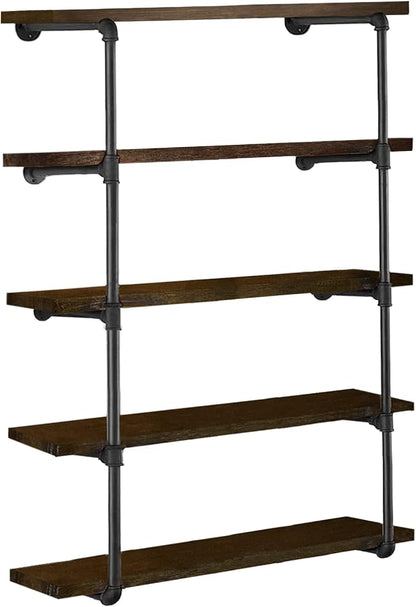 HITOMEN Industrial Iron Pipe Shelves, 2 Set 5-Tier, 56" Tall, 12" Depth, DIY Open Bookshelf Bookcase, Wall Mounted Vintage Retro Shelving, Rustic Farmhouse Pantry Kitchen Storage, Black Shelf Brackets