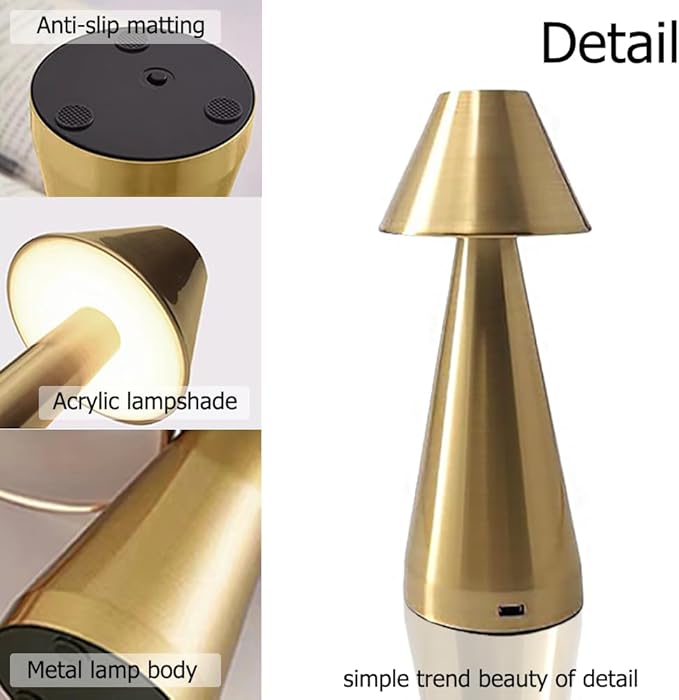 Portable Metal Desk Lamp, Cordless Metal LED Table Lamp,3 Color Touch Control Rechargeable Lamp,3-Levels Brightness Room Decor Desk Lamp,Bedside Lamp,Dining Room Lamp (Gold)