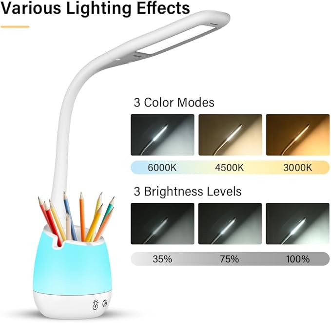Donewin Rechargeable LED Desk Lamp with Color Changing Light, Pen and Phone Holder - Perfect Study and Reading Lamp for Kids, Teens, and Students - Great Gift for College Dorm Rooms