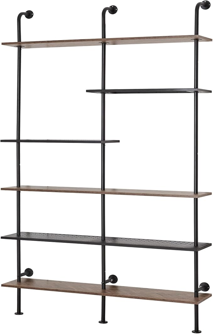HOMISSUE Industrial Bookshelf 6-Tier Open Wall Mount Ladder Bookshelf, Modern Bookcase with Metal Frame and Wood Style for Home Office, Wall Mounted industrial Iron Pipe Shelf, Brown