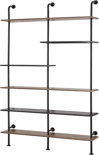HOMISSUE Industrial Bookshelf 6-Tier Open Wall Mount Ladder Bookshelf, Modern Bookcase with Metal Frame and Wood Style for Home Office, Wall Mounted industrial Iron Pipe Shelf, Brown