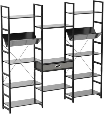 NUMENN Triple Wide 5 Tier Bookshelf, Adjustable Rustic Industrial Style Book Shelves, Modern Bookcases and Bookshelves Furniture for Bedroom, Living Room and Home Office, Elegant Black