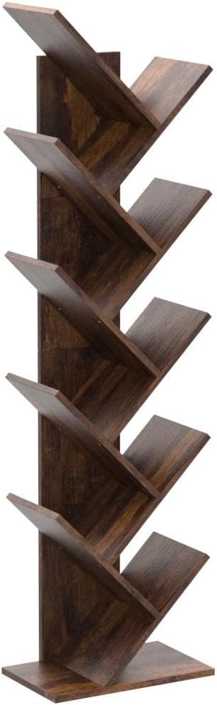 Hoctieon 10 Tier Tree Bookshelf, 10 Shelf Bookcase, Free Standing Tree Bookcase, Display Floor Standing Shelf for Books, Book Shelf Organizer, Rustic Brown