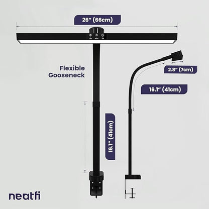 Neatfi LED Desk Lamp with 6-Level Brightness, Adjustable 2700~6500K Color Temperature, 14” Wide, Timer & Charging Port - Touch & Knob Control, 800 Lumens, Dimmable LED Table Light, 24W, CRI 85 (Black)