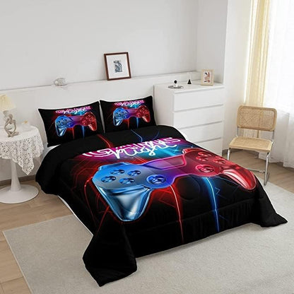 Feelyou Boys Gaming Comforter Set King Size Teens Gamer Bedding Set Modern Blue Red Video Game Controller Comforter for Kids Decor Multi-Color Gamer Console Action Buttons Duvet Set Boys