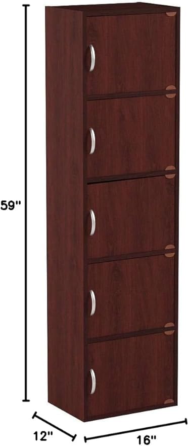 HODEDAH 5 Door Bookcase Cabinet, Mahogany