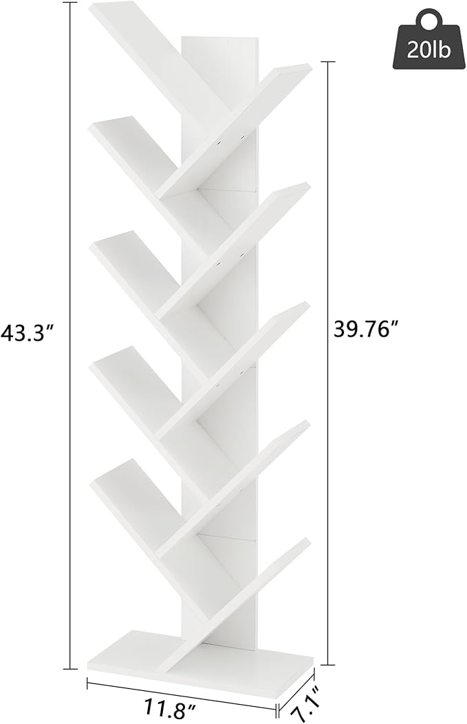 Hoctieon 10 Tier Tree Bookshelf, 10 Shelf Bookcase, Free Standing Tree Bookcase, Display Floor Standing Shelf for Books, Book Shelf Organizer, White
