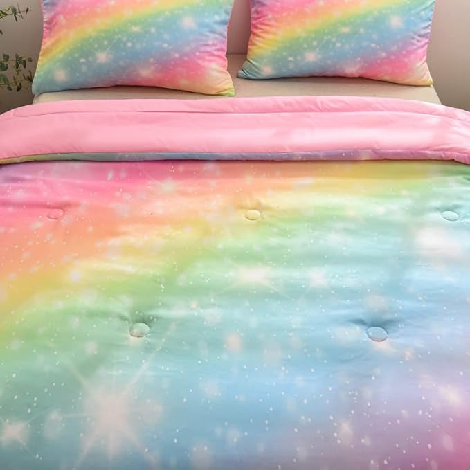 NINENINE Pink Rainbow Bedding Set Girls Bedding Set King for Girls Boys Women Soft Microfiber Stars Glitter Bedding Comforter Set -includes 1 Comforter with Matching Pillowcases……
