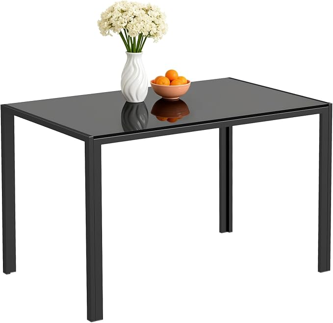 FDW | Dining Table for 4-6 People | Black | 47 Inch Rectangular Glass Kitchen Table | Space-Saving and Modern Design | for Dining Room, Easy to Assemble