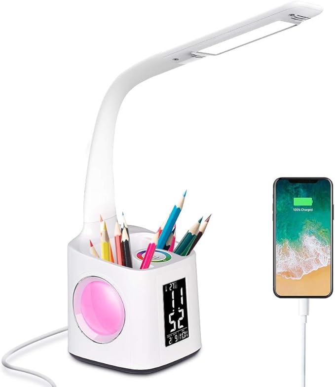 Donewin LED Desk Lamp with USB Charging Port&Pen Holder, Study Light with Clock, Kawaii Desk Accessories, Study Lamp for Kids/Girls/Boys,Desk Light for Office/Reading, Colorful Night Light,10W